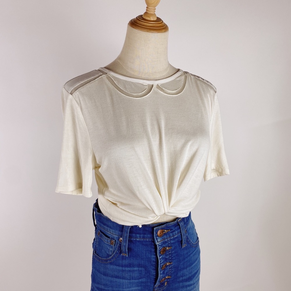 LOFT Peter Pan Inset Collar Knit Short Sleeve Ivory Top Womens Small